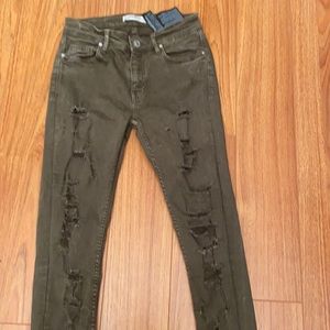 Kaki Olive Green Distressed skinny Zara Jeans